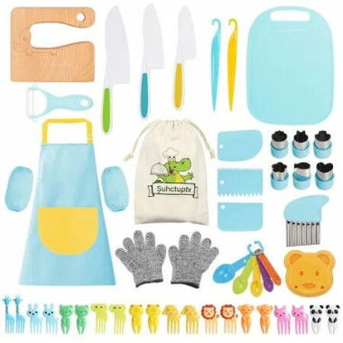 50PCS Kids Wooden Knife Set for Pretend Play Cooking Toys with Gloves Cutting Board Crinkle Cutters Kid Safe Knives Age5+ Christmas Birthday Gift COL Blue