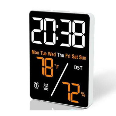 5.5 inch Digital Alarm Clock, Indoor Humidity and Temperature Measurement with LED Display, Adjustable Brightness Clock with Dual Alarms USB Input, Orange