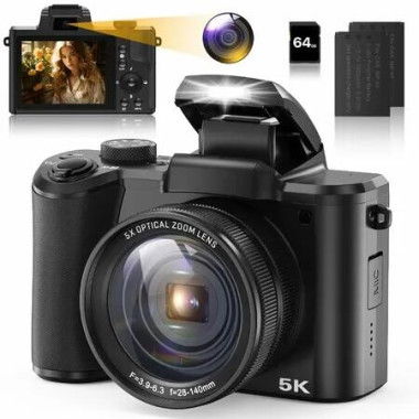 5K Digital Camera Autofocus 5X Optical Zoom 64MP Vlogging Camera 6-Axis Stabilization Compact Travel Dual Cameras with 64G SD Card