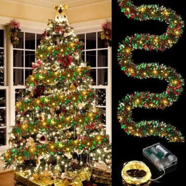 5M Christmas Tinsel Garland Metallic Shinny Garland with LED Lights Christmas Tree Garland Thick Hanging Decorations for Party