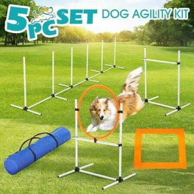 5PCS Dog Agility Equipment Set Pet Obstacle Course Hurdle Jump Training Exercise Supplies Toys Sports High Hoop Weave Pole Pause Box With Bag