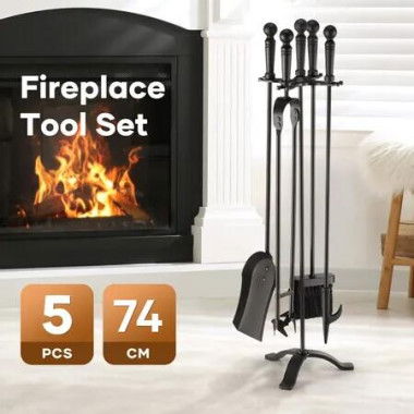 5PCS Fireplace Tool Set Fire Poker Firepit Tongs Accessories Brush Shovel Cast Iron Black