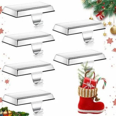 6 Pack Metal Christmas Stocking Holders for Mantle Heavy Duty Stocking Hangers Stocking Hook Christmas Ornaments for Counter Tables Window Fireplace Mantle Decoration (Silver)