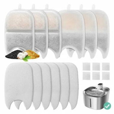 6-Pack Replacement Filters & Sponges for 4L Wireless Cat Dog Water Fountain, Triple Filtration System Pet Water Filter