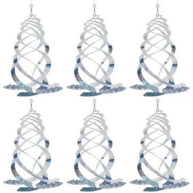 6 Pack Silver Mylar Spiral Reflective Bird Deterrent Spinners, Hanging Garden Decor to Keep Woodpeckers, Pigeons & Geese Away