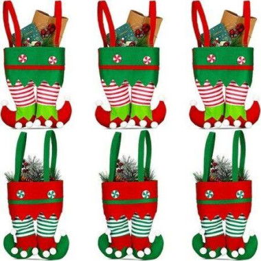 6 Pcs Christmas Candy Bags Gift Bags Elf Boots Handbags Stocking Lovely Treat Bags Xmas For Boys Girls Decorations