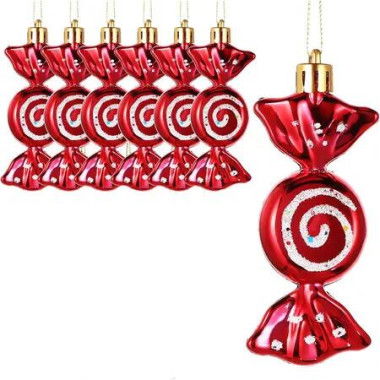 6 Pcs Christmas Candy Ornaments Hanging Glitter Candy Cane Decoration Xmas Tree Peppermint Ornament, Red, Plastic