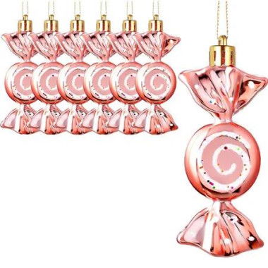 6 Pcs Christmas Candy Ornaments Hanging Glitter Candy Cane Decoration Xmas Tree Peppermint Ornament, Rose Golden, Plastic