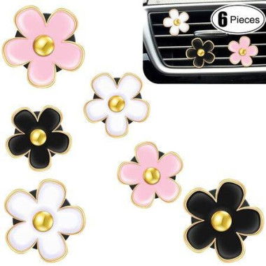 6 Pcs Daisy Flower Air Vent Clip Air Freshener Outlet Clip Car Air Conditioning Clip Charm Car Inter Decor(Black,Pink,White,3 cm,3.3 cm)