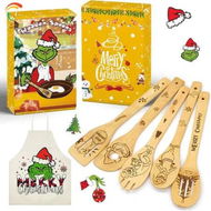 Detailed information about the product 6 Piece Green Monster Christmas Kitchen Utensil Set Bamboo Cooking Tools with Apron Gift Box for Holiday Celebrations Christmas Gift