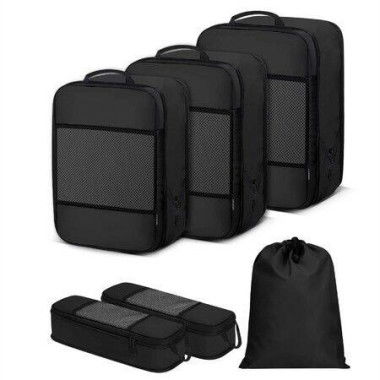 6-Piece Set of Compression Hubs for Suitcases, Luggage Organizer with Laundry Bag for Travel Accessories,Black