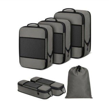 6-Piece Set of Compression Hubs for Suitcases, Luggage Organizer with Laundry Bag for Travel Accessories,Grey