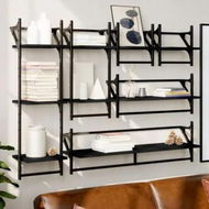 Detailed information about the product 6 Piece Wall Shelf Set with Bars Black Engineered Wood