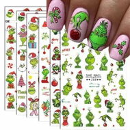 Detailed information about the product 6 Sheets 3D Christmas Grinch Nail Art Stickers Self-Adhesive Cartoon Christmas Grinch Design Nail Decals Nail Stickers