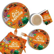 Detailed information about the product 60 Piece Halloween Tableware Set Orange Disposable Party Supplies Cartoon 9 and 7 Inch Paper Plates 65 Inch Napkins Cups and Forks for 10 Guests