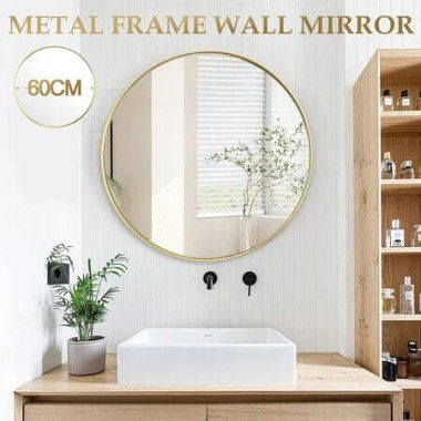 60cm Round Wall Mirror Bathroom Vanity Standing Large Bedroom Gold Decorative Mount Circle Hallway Makeup Shower Shaving