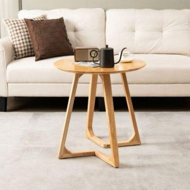 60cm Rubber Wood Round End Table With Adjustable Foot Pads