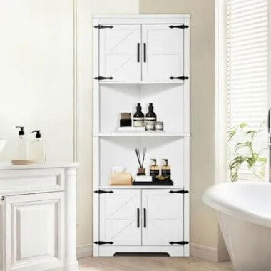 68 Corner Storage Cabinet with 4 Wooden Doors & Adjustable Shelves White