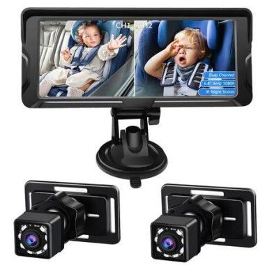 6.86inch 8 LED light sensor Rear Seat Backseat View Car Camera HD1080P Split Screen 360 Wide Dual View Infrared Night Vision Rear Facing Mirror