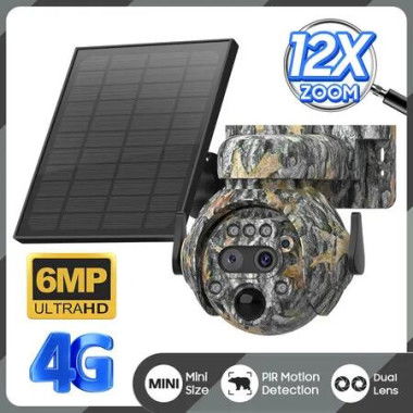 6MP 4G Solar Powered Camera 12X Zoom Outdoor 360Â° View Animal Monitoring Solar Battery Hunting PTZ Cameras