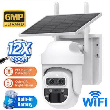 6MP Wireless Solar Camera Dual Lens PTZ Rotation 12X Zoom Outdoor Security Floodlight Cam with WiFi Night Vision Alarm Linkage Human Tracking,White