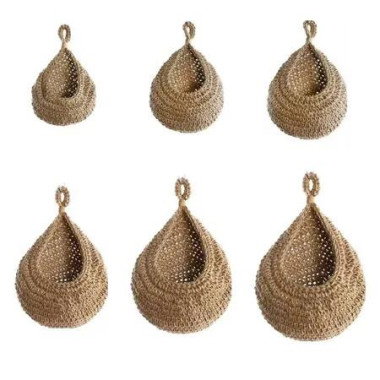 6PCS Hemp Rope Boho Teardrop Hanging Fruit Baskets for Kitchen Handwoven Wall Planters Hooks Green Basket Decor Vegetable Storage Bag