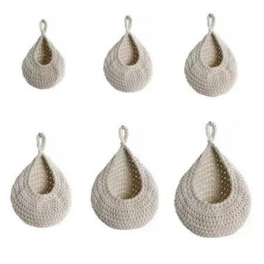 6PCS White Cotton Rope Boho Teardrop Hanging Fruit Baskets for Kitchen Handwoven Wall Planters Hooks Green Basket Decor Vegetable Storage Bag
