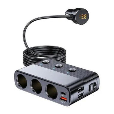 7 in 1 Cigarette Lighter Splitter, 3 Socket Car Charger Adapter, Type-C QC3.0 PD 30W Charging, Dual USB Charging Ports, 1 Meters Cable
