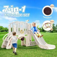 Detailed information about the product 7 in 1 Kids Slide Set Ladder Basketball Hoop Playground Telescope Steps Activity Centre Tunnel Ring Toss Indoor Outdoor Playset Toy