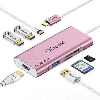 7-in-1 USB-C Hub Type C To HDMI 4K Adapter Compatible With MacBook Pro (Thunderbolt 3) IPad Pro Chromebook XPS 13/15 - Pink.