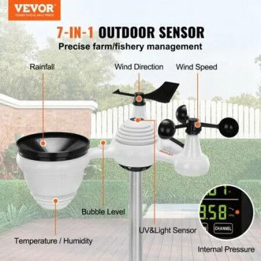 7-in-1 Wireless Weather Station 7.5 in Large Color Display Digital Home Weather Station Indoor Outdoor for Temperature Humidity Wind Speed/Direction