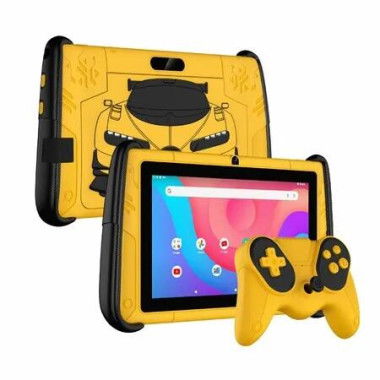 7 Inch Kids Tablet Android 12 4GB RAM 64GB ROM Parental Control Game Controllers Pre-Installed Kids Software Shockproof Case(Yellow)