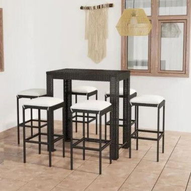 7 Piece Garden Bar Set with Cushions Poly Rattan Black