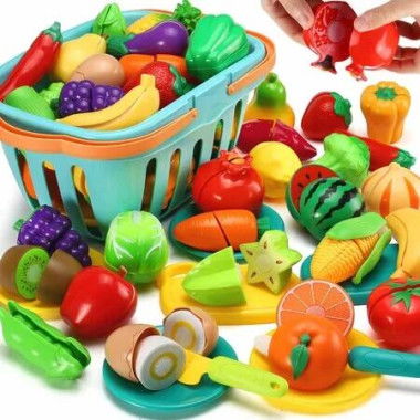 70 PCS Cutting Play Food Toy for Kids Kitchen,Pretend Fruit & Vegetables Accessories with Shopping Storage Basket,Plastic Mini Dishes and Knife,Educational Toy for Toddler Children Birthday Gift