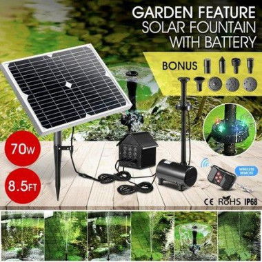 70W Solar Fountain Water Pump With Battery And LED Light For Birdbath Garden Pool