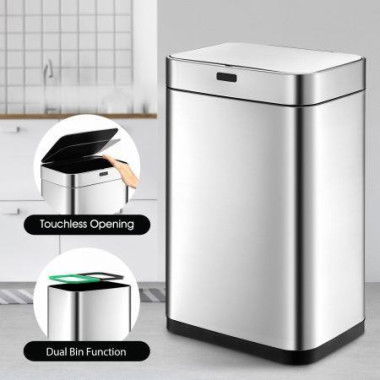 75L Dual Rubbish Bin Dustbin Recycling Kitchen Waste Trash Garbage Can Motion Sensor Stainless Steel Silver