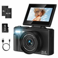 Detailed information about the product 75MP Digital Camera 5K Video Vlogging YouTube Photography Flip Screen 18X Zoom Gift for Teens Color Black With Dual Batteries