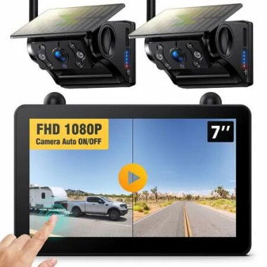 7inch Touchscreen Solar Wireless RV Trailer Truck Backup Dual Camera 1080P IPS Monitor Auto On Off Rear View Night Vision Recording 32G Card