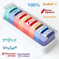 Detailed information about the product 8 Colorful Self-Inking Motivational Teacher Stamps With Inks And Tray For Homework Grading,Encouraging Comments,Feedback Stamps For Classroom