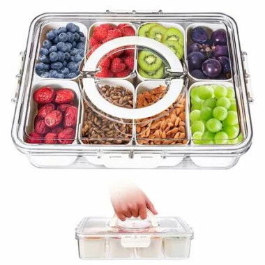 8 Compartment Square Food Storage Divided Serving Tray with Lid and Handle for Fruits Candy Nuts Snacks Ideal for Party Travel Picnics