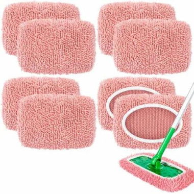 8 Pack Reusable Mop Replacement Pads Compatible with Swiffer Sweeper Microfiber Chenille Washable Mop Pads Dry Wet Sweeping Mopping Cloths(Pink)