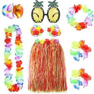 Detailed information about the product 8 Pieces Hawaiian Grass Hula Skirt Set Necklace Bracelets Bikini Top - Mixed Color Skirt