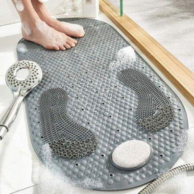 80x40cm Foot Scrubber Shower Mat With Feet Scrub Stone Antislip Suction Cups Grey