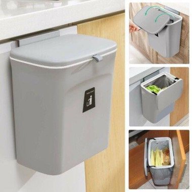 9L Kitchen Compost Bin Hanging Small Trash Can With Lid For Bathroom/Bedroom/Camping - Grey.