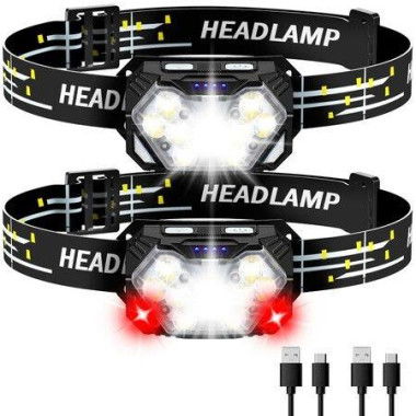 9 LED Headlamp Rechargeable Adjustable Headlight Motion Sensor Head Lamp Flashlight with White Red Light for Outdoor Hiking-2 Pack