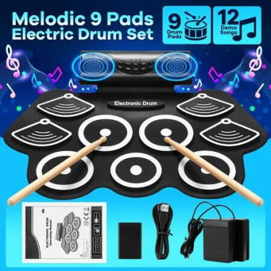 9 Pads Electronic Drum Set Electric Drumsticks USB MIDI Roll Up Practice Portable Musical Instrument Stereo Speaker Headphone Jack Beginner Kids Pedals