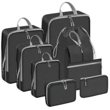 9 Pcs Compression Packing Cubes for Suitcases, Travel Organizer Bags Set for Luggage(Black)