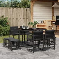 Detailed information about the product 9 Piece Garden Dining Set with Cushions Black Poly Rattan