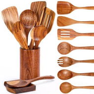 Detailed information about the product 9 Piece Natural Teak Wooden Kitchen Utensil Set with Spoon Rest - Comfort Grip Cooking Spoons and Utensils Holder