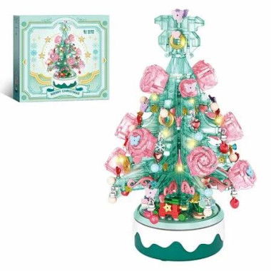 900 Pieces Green Christmas Tree Building Set,Music Box with LED Lights,Rotating Xmas Ornaments-Green